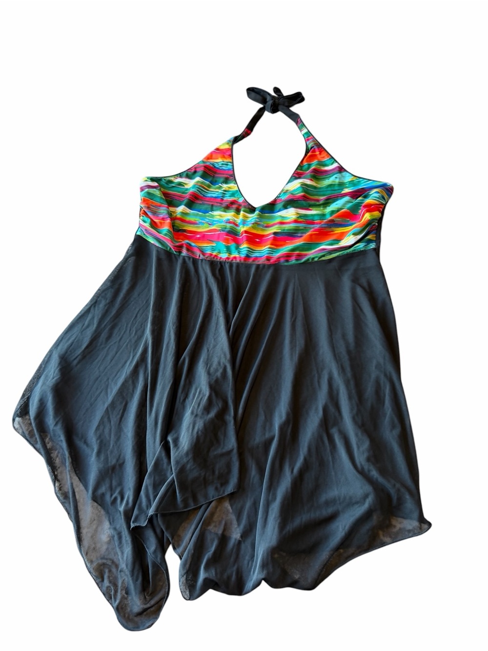 Black Halter Swim tankini with Multicolor Stripe Bodice